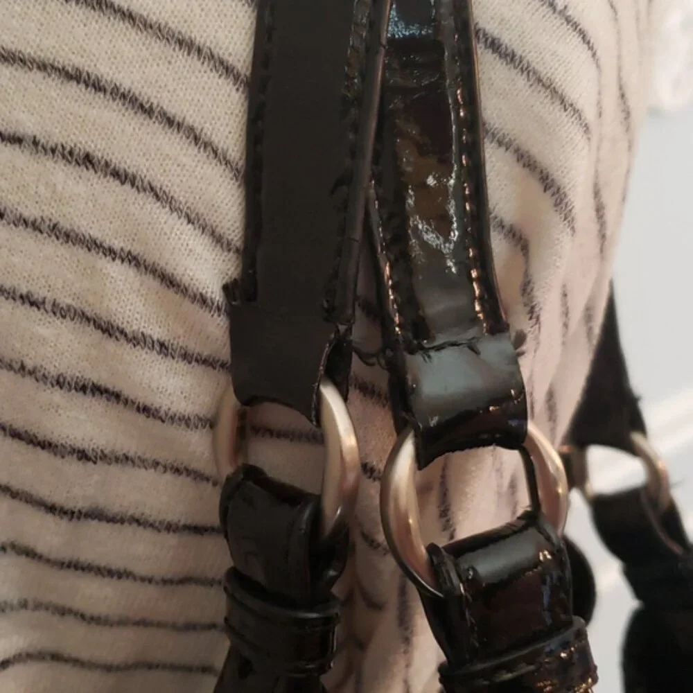 COLE HAAN Triangle Black Patent Suede Leather Basket Weave Shoulder‎ Satchel Bag